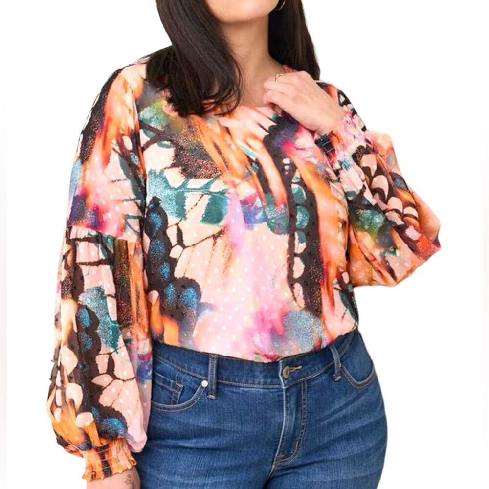Torrid Women’s Chiffon Clip Dot Blouson Sleeve Fully Lined Blouse Size 2